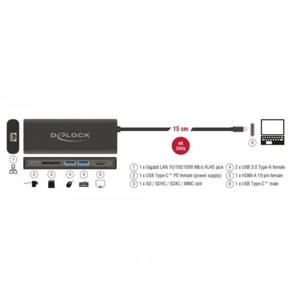 Docking Station HDMI 4K a 30 Hz USB Type-C 3.1, Gigabit LAN e USB PD 