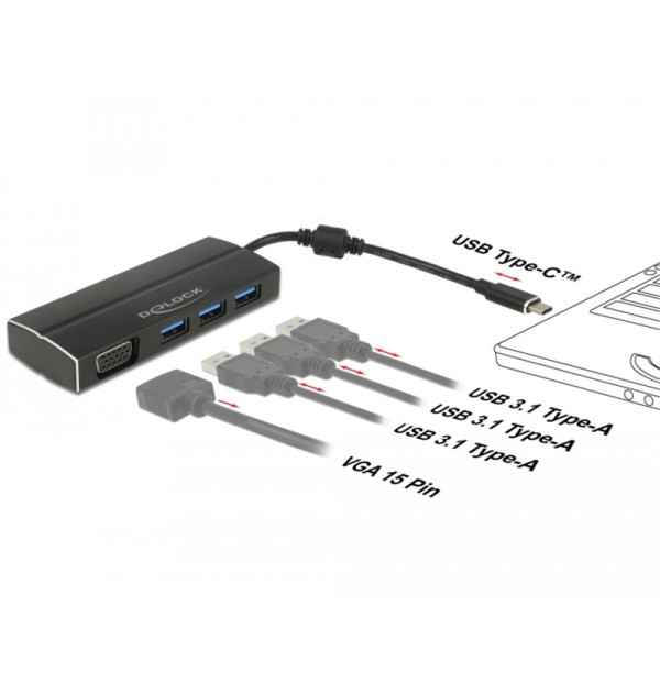 Adattatore USB Type-C - 3x USB 3.0 Tipo-A, 1x VGA (DP Alt Mode)