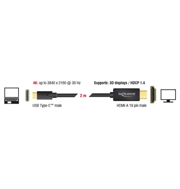 Cavo USB Type-C maschio - HDMI maschio (DP Alt Mode) 4K 30 Hz 2 m nero